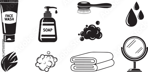 Essential bathroom hygiene icons simple black and white line art for daily routines vector
