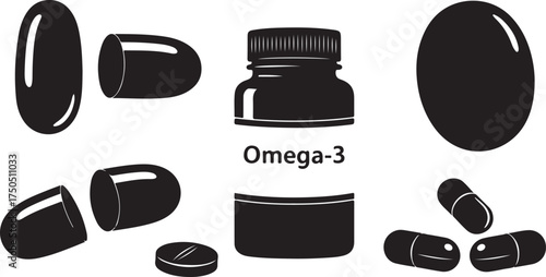 Omega-3 fish oil supplements capsules pills bottle health icons silhouette collection vector