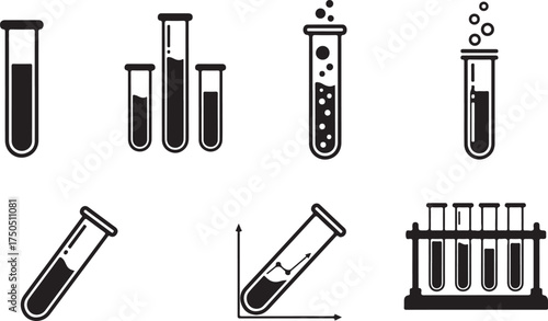 Simple black and white chemistry icons test tubes liquids bubbling reactions and rack for education themes vector