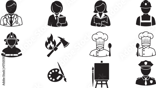 Diverse simplified career icons representing professions job opportunity human resources and work concepts vector
