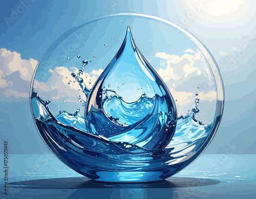 A clear glass sphere holds a dynamic splash of vibrant blue water