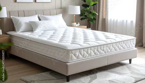 A modern bedroom scene with a bed, pillows, and a plant