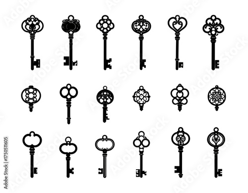 Collection of ornate vintage skeleton keys, black silhouette on white