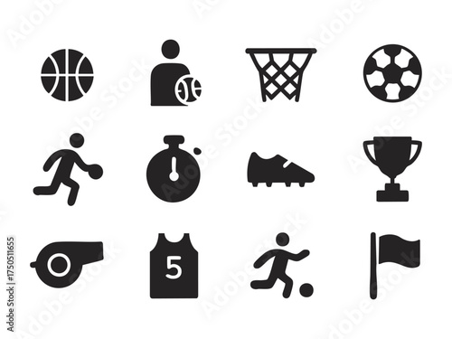 Basketball and Soccer Icons Set – Sports Equipment, Players, Trophies, Jerseys, Stopwatch, Whistle – Vector Collection