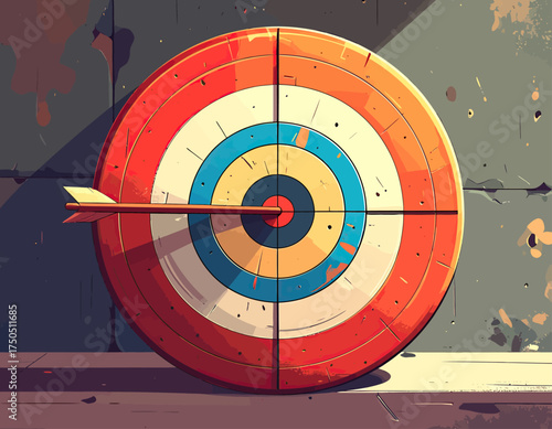 Target with arrow stuck through it, set against a textured wall
