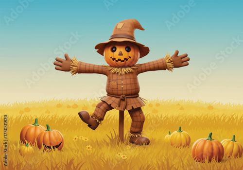 A cheerful scarecrow with a jack-o'-lantern head stands in a golden field surrounded by pumpkins.