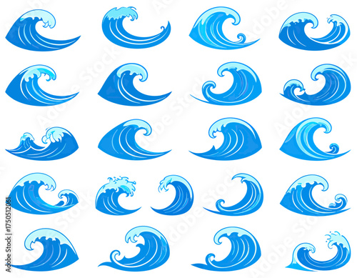 Collection of twenty illustrated blue ocean waves on white background