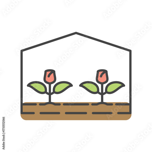 Two flower buds with green leaves sit inside a simple greenhouse