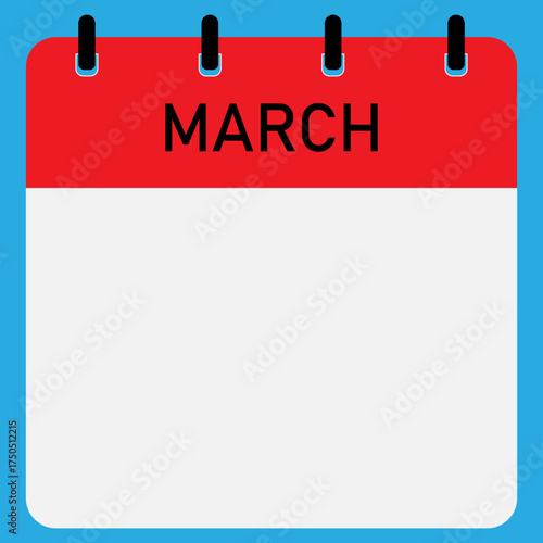 Monthly calendar demo with red header on blue background | Month of March straight binding modern calendar diagram for office, company, business, organization, education
