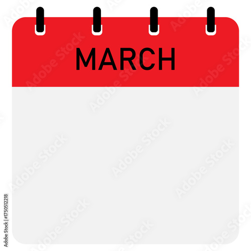 Monthly calendar demo with red header and free space for text | Month of March straight binding modern calendar diagram for office, company, business, organization, education