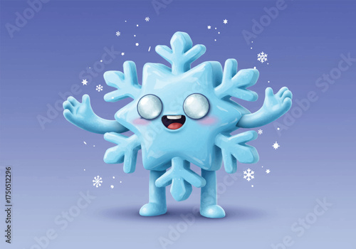 A cute and happy 3D cartoon snowflake character with a smiling face and open arms on a purple background.
