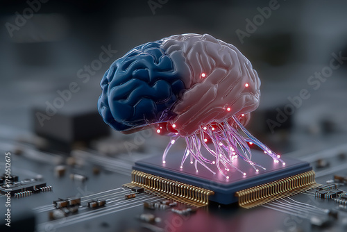 Conceptual illustration of a human brain neural network seamlessly transforming into a quantum processor chip.