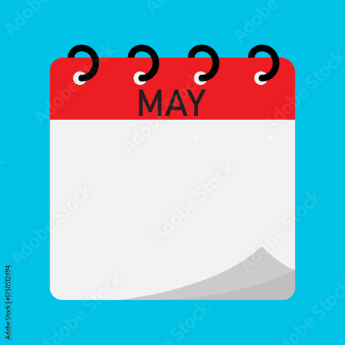 May month folding calendar demo with red header and spiral binding on blue background