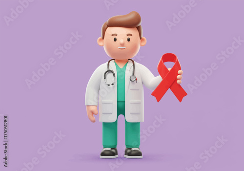 A 3D cartoon male doctor in a white coat and stethoscope holding a red ribbon for HIV and AIDS awareness.
