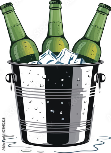 Vector Chilled Beer in a Bucket: Three Green Bottles Cooling in an Ice Bucket.
