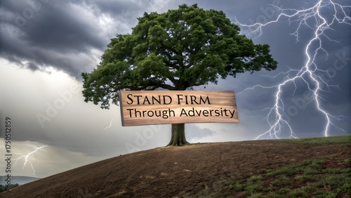 An oak tree with a sign of encouragement through adversity