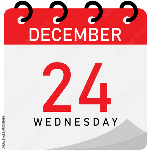 Folding calendar diagram with date, day, month | Single day focusing calendar demo like Wednesday, 24 December with red header and white empty space with spiral binding on platinum background