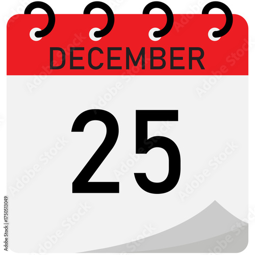 Folding calendar diagram with date, day, month | Single day focusing calendar demo like, 25 December with red header and white empty space with spiral binding