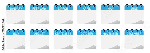 Twelve-month spiral binding calendar demo with blue header and empty space for text