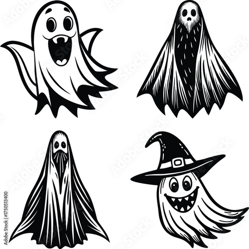 Cute Halloween ghosts and pumpkins create a festive spooky season vibe for decorations and seasonal designs
