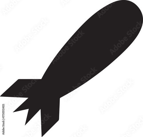 Aerial bomb silhouette vector illustration in black and white with rounded nose and tail fins for military, historical and warning design themes