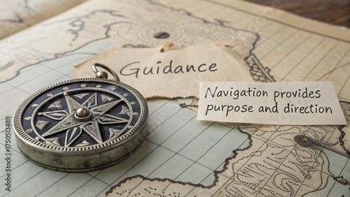 Antique compass on detailed map for guidance in travel
