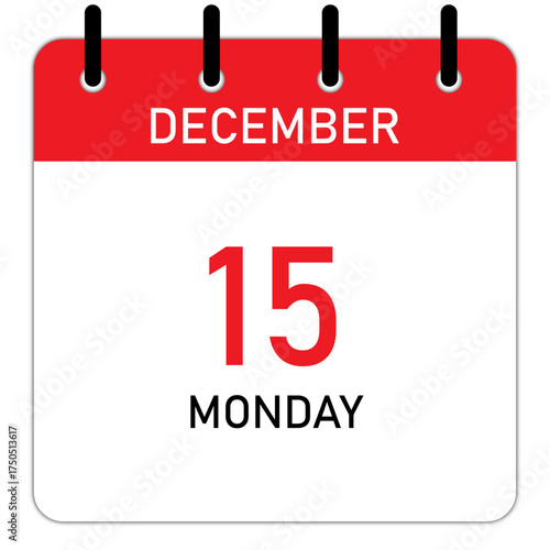 Folding calendar diagram with date, day, month | Single day focusing calendar demo like Monday, 15 December with red header