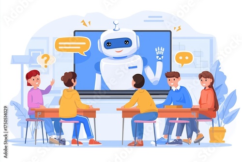 A group of students interacts with a friendly robot displayed on a screen, illustrating the fusion of technology and education.