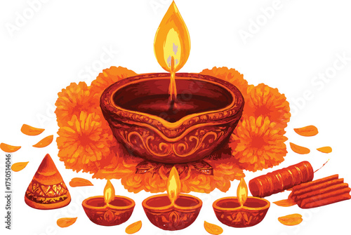 Earthen Diya with Marigolds and Decorative Elements