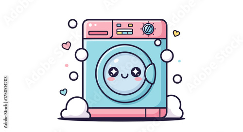 Kawaii Washing Machine Illustration with Soap Bubbles