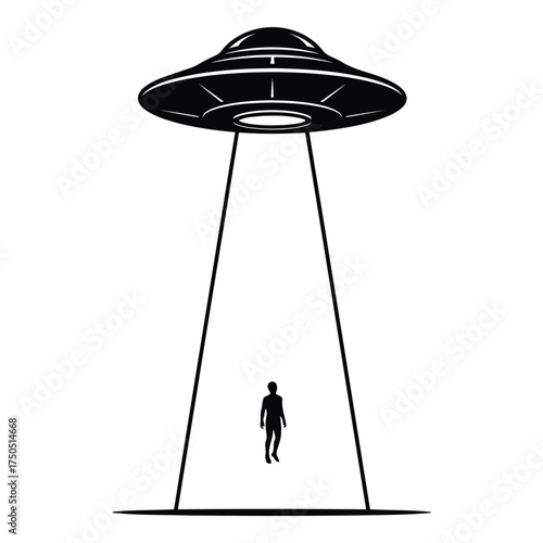Alien ufo abducting a person silhouette isolated on white background