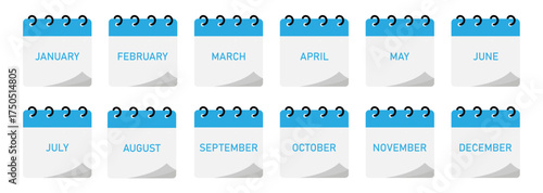 Spiral binding twelve-month calendar demo | 12-month planning calendar diagram with empty space for text with blue header