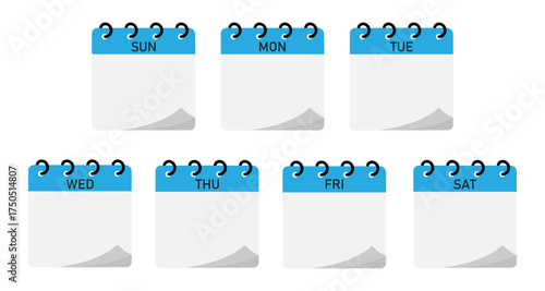 Spiral binding seven days calendar demo | Seven days planning calendar diagram with empty space for text with blue header
