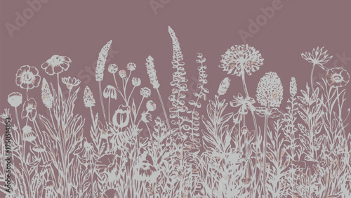 Delicate wildflower silhouette on mauve background, botanical floral illustration for wall art, textile or t shirt design