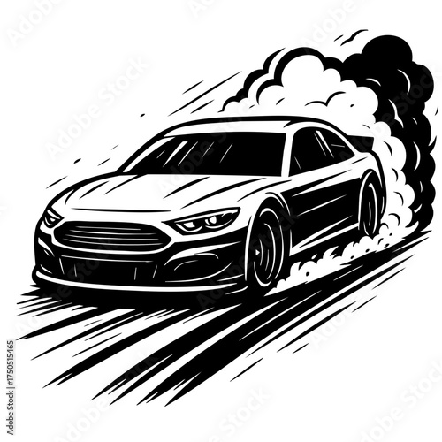Black and white dynamic composition of a race car leaving tire marks