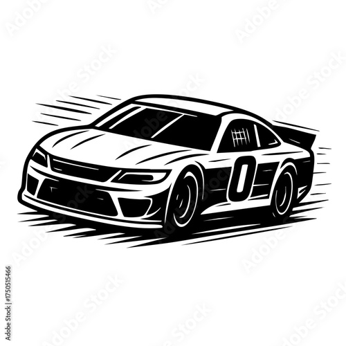 Black and white illustration of a race car speeding with motion lines