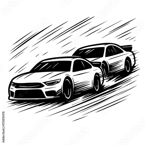 Black and white ink sketch of a race in action with two cars