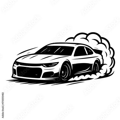 Black and white drawing of a race car drifting around a corner with tire smoke