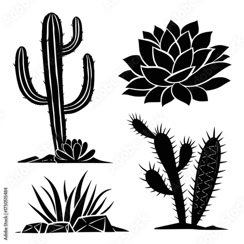 Vector art of monochrome illustration of different types of cactus
