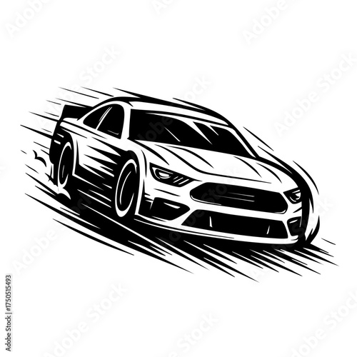 Black and white stylized race car illustration with exaggerated speed lines