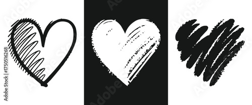 Hand drawn heart sketch set in black and white, expressive brush and ink illustration for romantic art or t shirt design