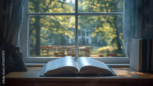 Open Book on Window Sill with Green Garden View in Natural Light