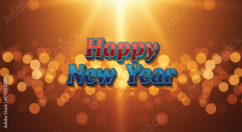 A vibrant greeting card featuring a 'Happy New Year' message, set against a backdrop of bokeh lights and a radiant golden light burst, perfect for festive celebrations.