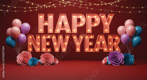 A vibrant and cheerful image showcasing a happy new year celebration, complete with balloons, roses, and illuminated lettering against a red backdrop.