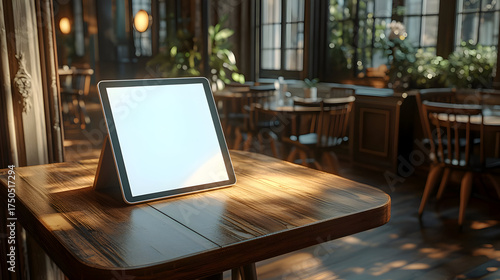 Digital Tablet on Rustic Wooden Table in Sunny Cafe Interior