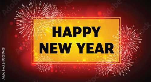 A illustration displays a festive 'Happy New Year' greeting card with vibrant fireworks and a golden banner. It evokes celebration and holiday cheer for the new year. 