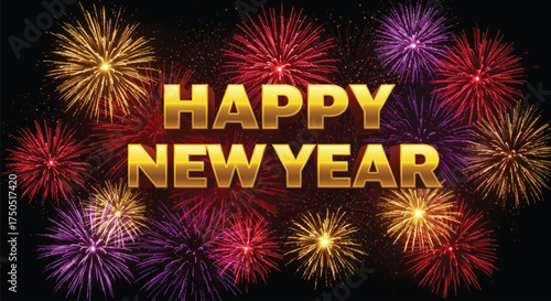 A illustration captures the excitement of New Year's Eve with a vibrant display of fireworks against a dark sky, wishing everyone a happy and prosperous new year.