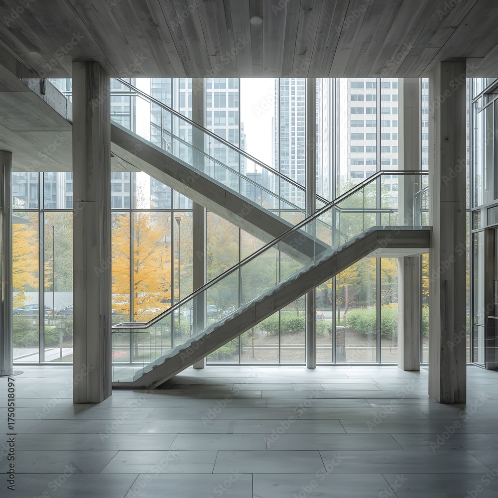 Obraz premium Modern minimalist interior with large glass windows and concrete staircase in contemporary office building, natural daylight illuminating spacious urban architecture with elegant clean design details