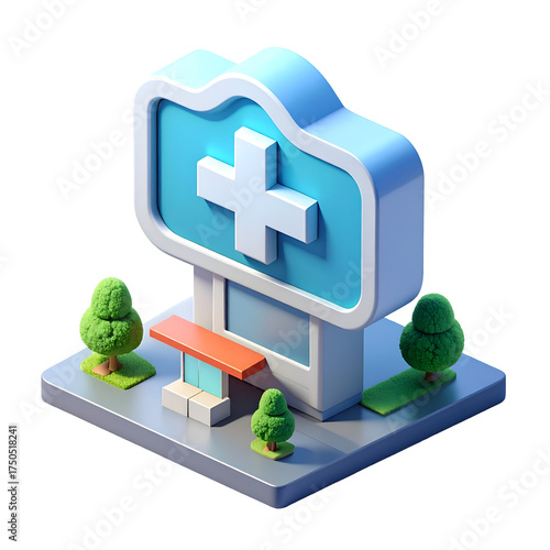 Isometric 3D Hospital Building Icon. Modern Medical Clinic Illustration with Cross Symbol. Healthcare Facility Render for Digital Health, Apps, and Emergency Services.