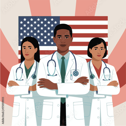 Healthcare Workers with Stethoscope and USA Flag Background — Flat Vector Illustration